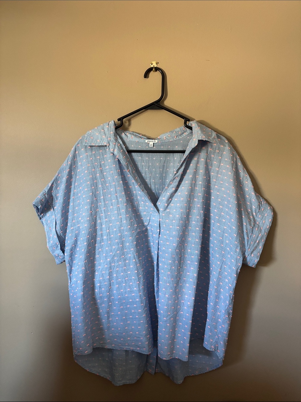 Light Blue Short-Sleeve Cotton Shirt - Casual Buttonless Style